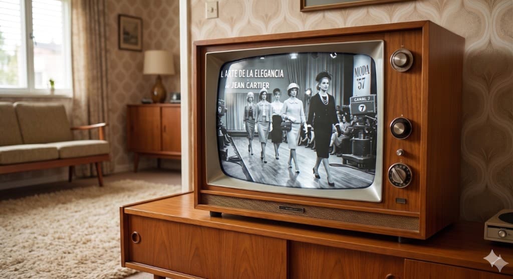 Sala vintage con televisor Jean Cartier — «El arte de la elegancia», moda en Canal 7