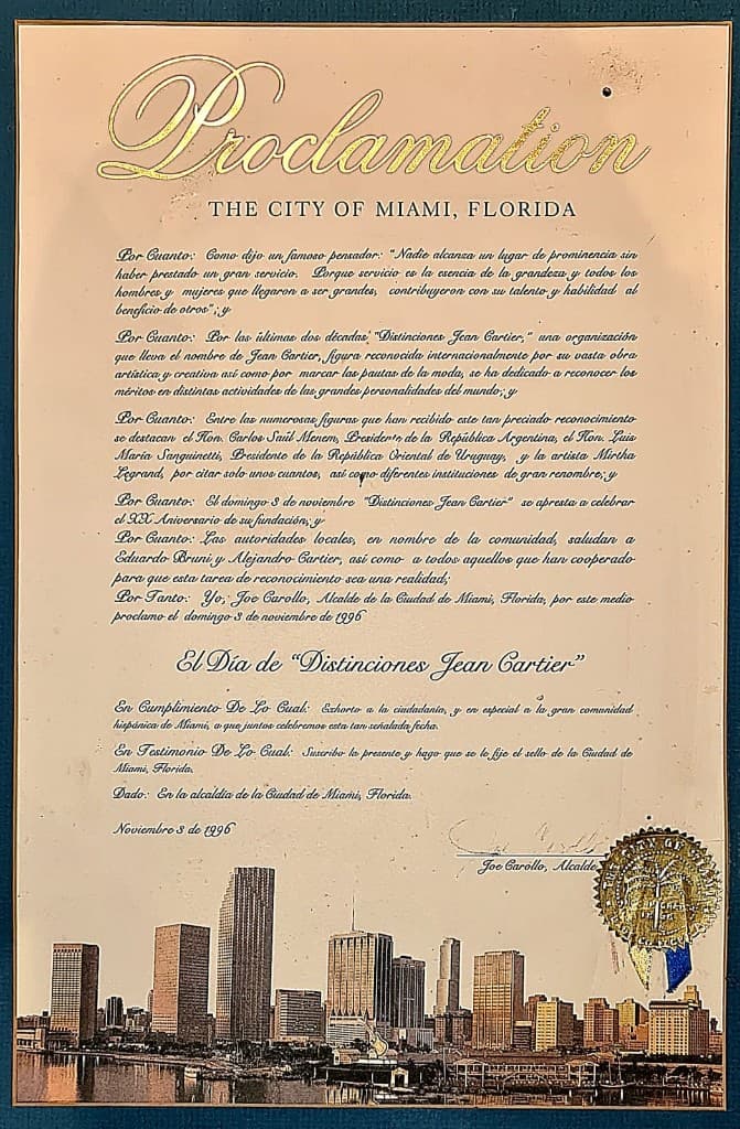 Proclamación oficial de la Ciudad de Miami — Día de las Distinciones Jean Cartier, 1996
